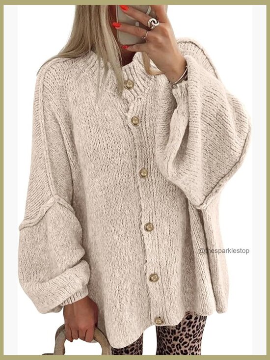 Sweaters - Chunky Knit Oversized Cardigan Sweater - Button Front Lantern Sleeve